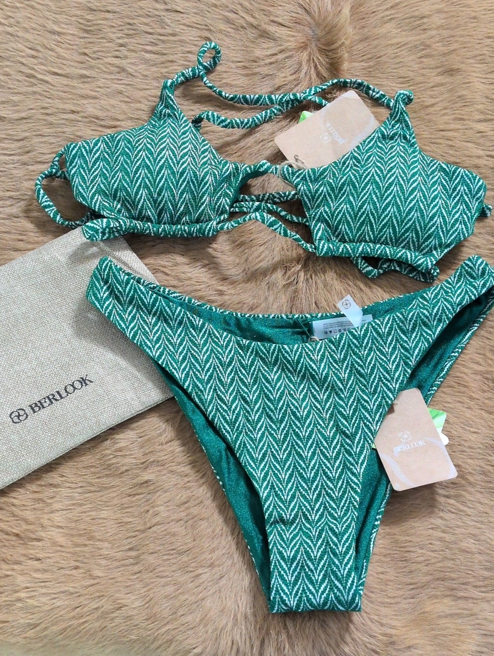 Berilook Green Textured Rope-Detail Bikini Set